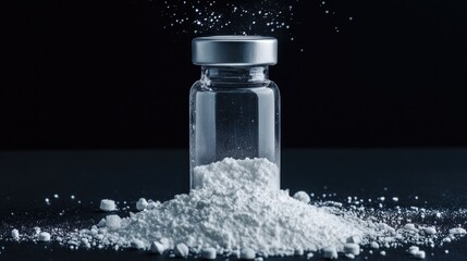 Lyophilized powder in vial ready for reconstitution into injectable solution with scattered powder on dark background