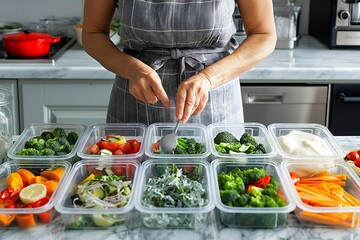 A woman in her late 40s meticulously organizes containers filled with fresh vegetables and healthy meals for the week ahead, showcasing practical meal preparation techniques