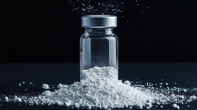 Lyophilized powder in vial ready for reconstitution into injectable solution with scattered powder on dark background