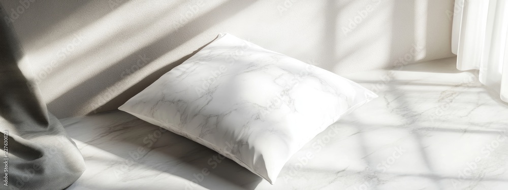 Poster white marble pillow mockup side view with closed eyes and empty text space in serene indoor setting 