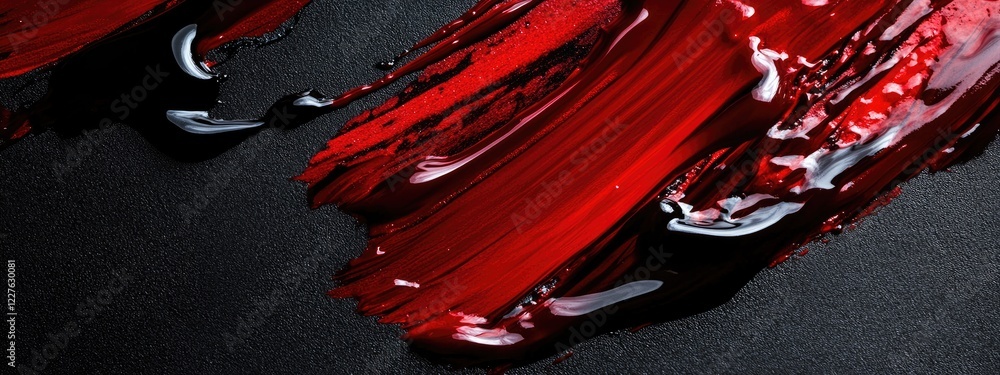 Poster abstract close-up of dramatic red metallic paint strokes on a black background showcasing strong sha
