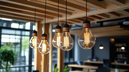 Modern office interior showcasing creative lighting with wooden beams emphasizing startup and innovation vibes.