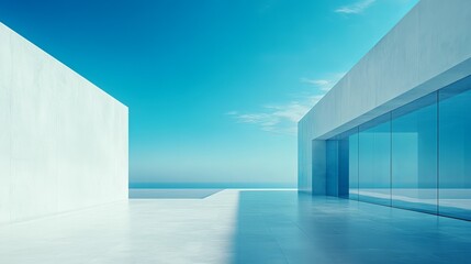 Obraz premium Elegant White Building Standing Tall Against a Bright Blue Sky Evoking Feelings of Calmness and Clarity in a Picturesque Urban Setting Showcasing Contemporary Architectural Design Elements