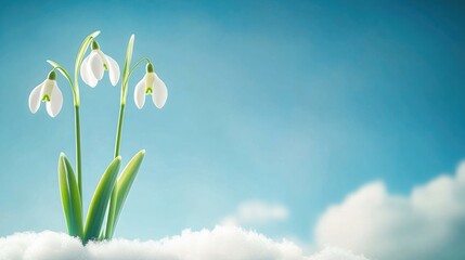Snowdrop Flowers Emerging from Snow Against a Clear Blue Sky Signifying Early Spring and New Beginnings in Nature's Bloom.