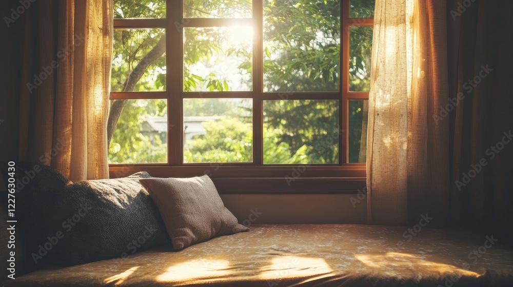 Poster cozy sofa arrangement with soft pillows illuminated by natural light streaming through a window in a