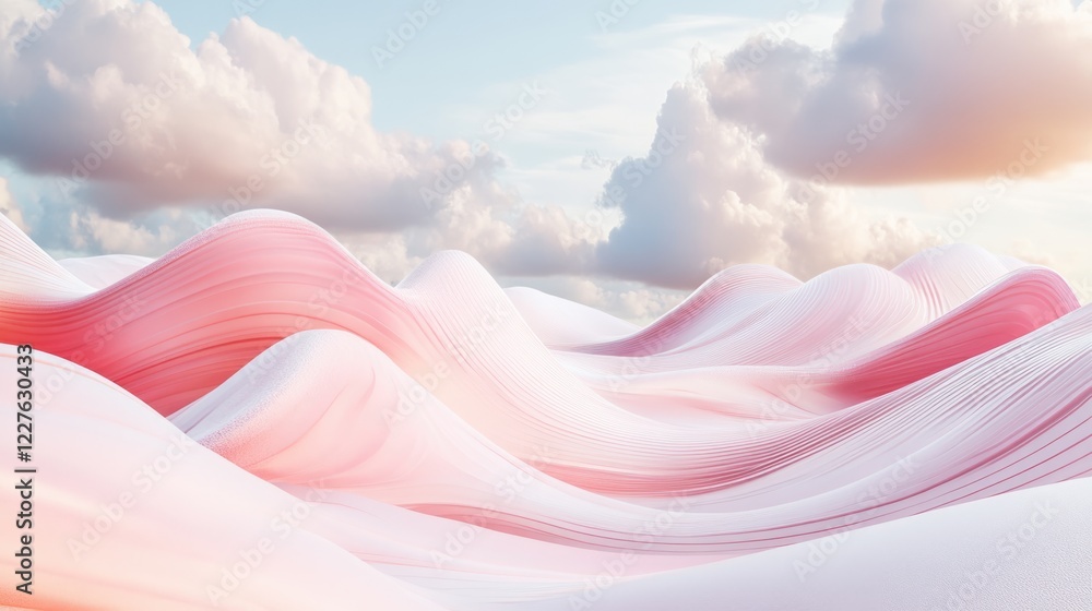 Poster dreamlike abstract waves in soft pink and white colors with ethereal clouds and smooth background fo