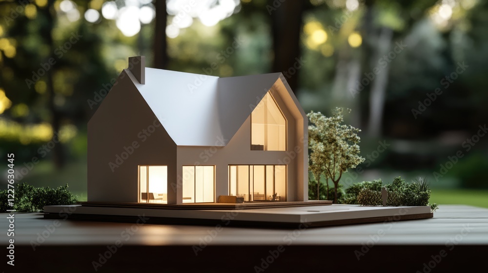 Poster minimalist house model displayed on wooden table with a soft-focus garden backdrop showcasing serene