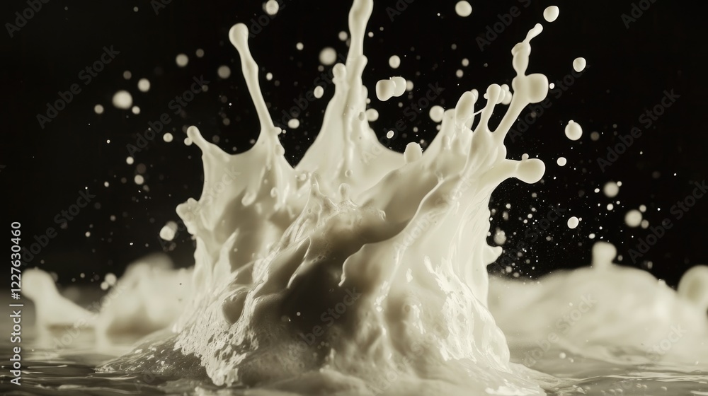 Poster milk splash creating dynamic patterns against a dark background highlighting fluid motion and textur