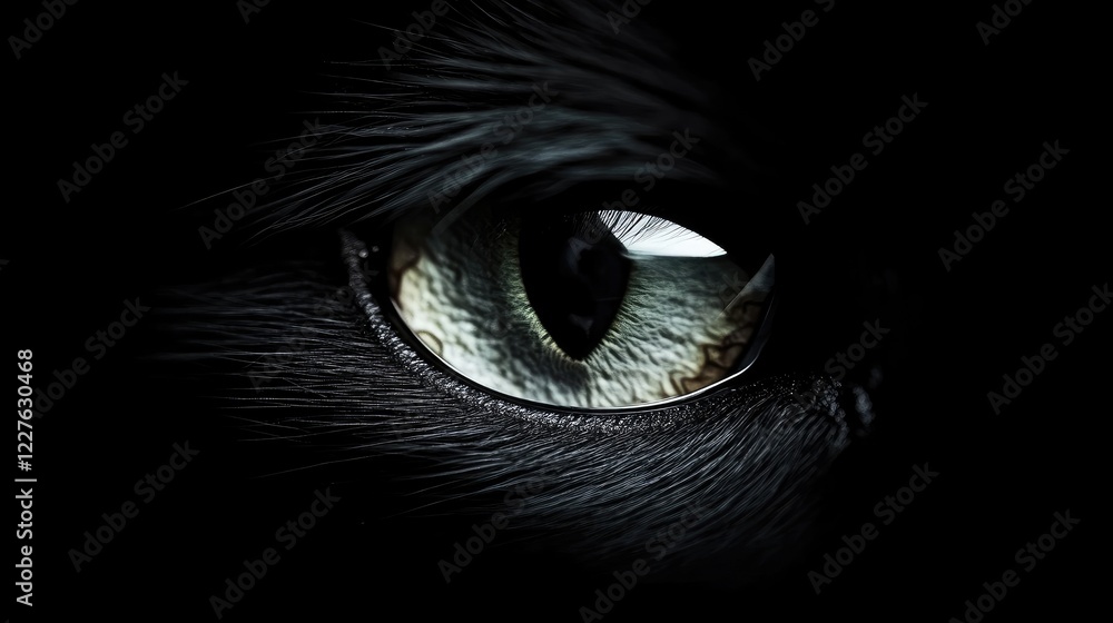 Poster macroscopic close-up of a cat's eye with intricate details on a dark background emphasizing sharp co