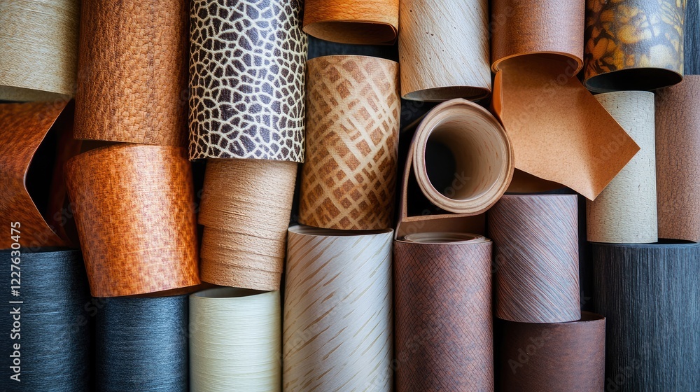 Poster colorful paper rolls showcasing a variety of textures and patterns arranged in a visually appealing 