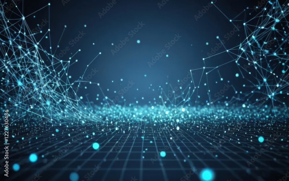 Poster futuristic abstract technology background with glowing particles forming a complex digital mesh