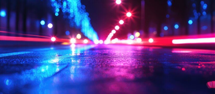 Neon lit street at night showcasing vibrant colors and surreal atmosphere with potential for text overlay in a dynamic urban setting