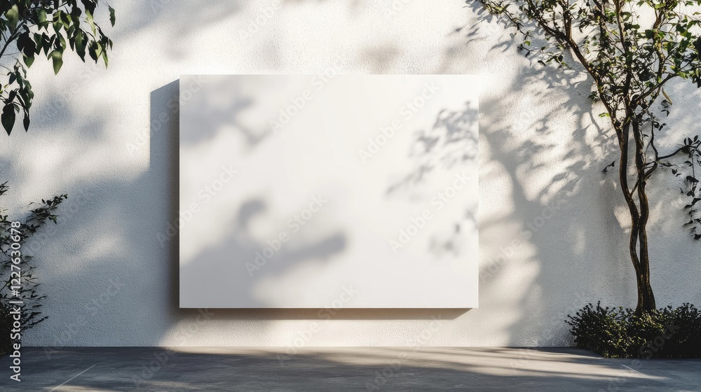Aufkleber bright empty canvas on a wall with sunlight casting shadows from surrounding greenery in a serene ou
