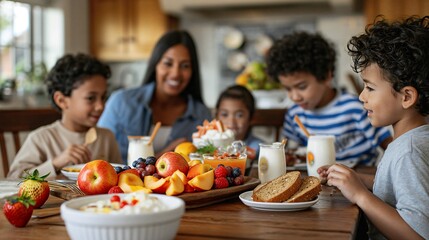 A joyful family sits around a dining table, sharing a healthy breakfast with fresh fruits, whole-grain bread, and yogurt, promoting healthy eating habits and togetherness