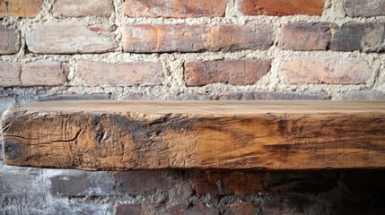 Rustic Wooden Table Surface Against Distressed Brick Wall with Copy Space for Banner or Ad Display in Cozy Atmosphere