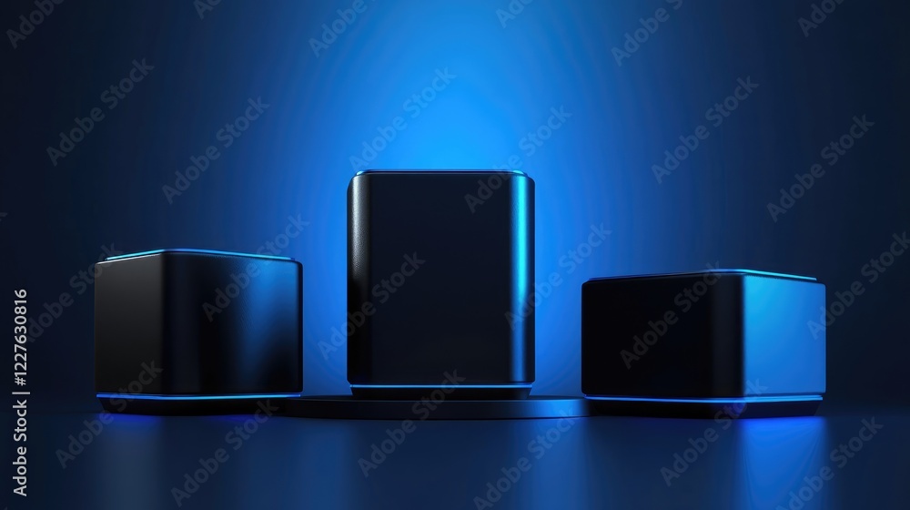 Poster modern abstract blue and black podium display with geometric cube shapes and smooth gradient for pro
