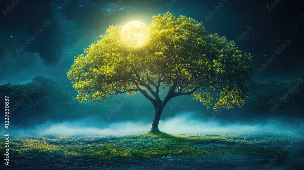 Poster solitary tree illuminated by full moonlight in a misty forest creating a serene and enchanting atmos
