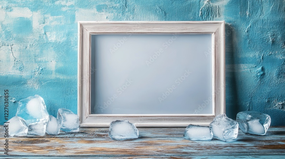 Aufkleber empty photo frame on rustic wooden table with melting ice cubes and textured blue background for cre