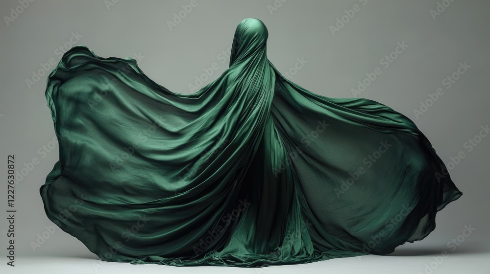 Poster elegant flowing dark green fabric creating a dynamic silhouette with graceful draping and movement a