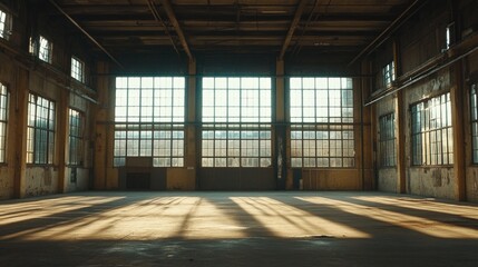 Spacious empty warehouse interior with large windows casting dramatic light and creating a serene atmosphere for various projects