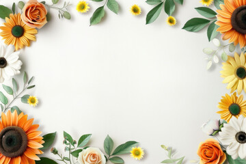 Floral frame with sunflowers, daisies, and roses on light background
