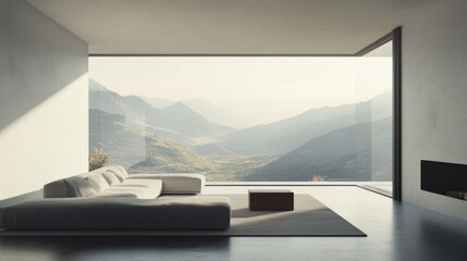 Fototapeta premium Minimalist living room design with spacious sofa and panoramic mountain view through large windows showcasing serene landscape.