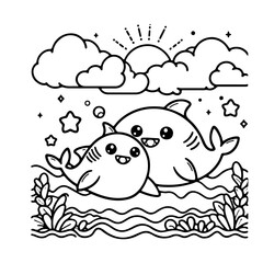 cute sharks illustration for coloring books