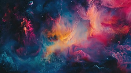 Fototapeta premium Vibrant Underwater Cosmic Abstract Scene Showcasing Colorful Flora and Stellar Elements in a Mystical Ocean Environment