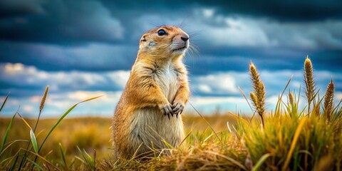 Alert Prairie Dog on Lookout - Panoramic Prairie Landscape Stock Photo
