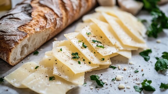 Parmesan cheese slices arranged neatly beside a crusty bread loaf on a rustic surface with herbs and seasoning accents.