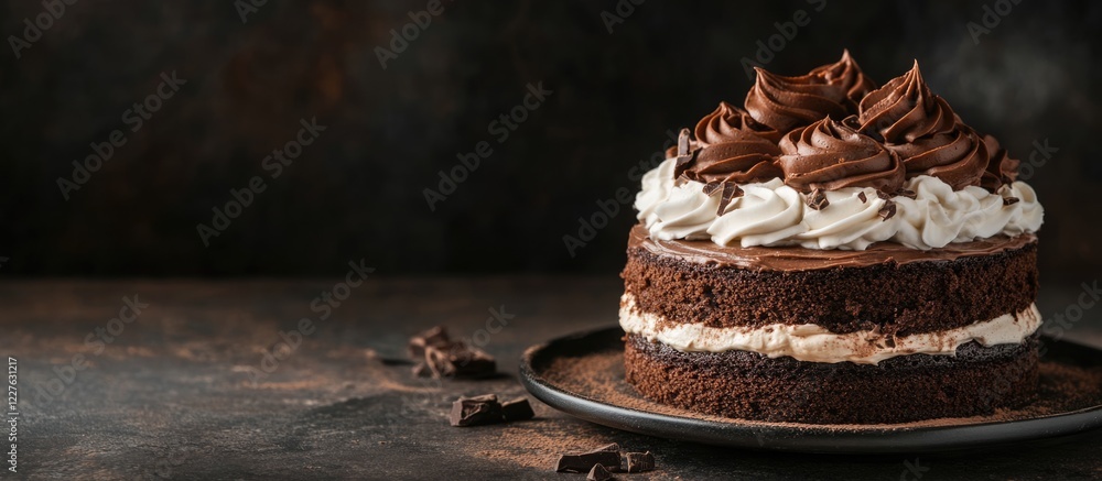Poster chocolate layer cake topped with whipped cream on a rustic table with space for text and chocolate p