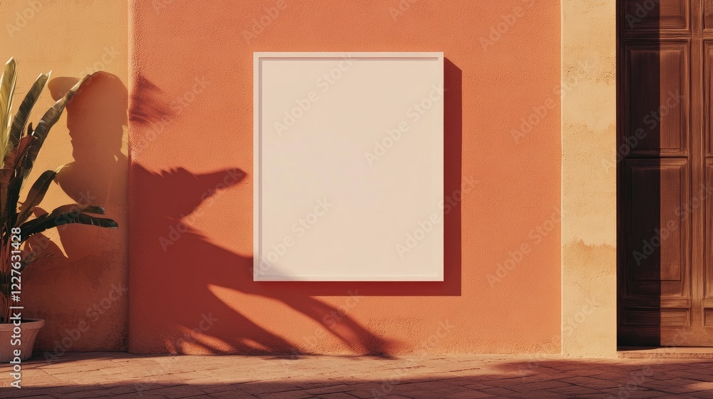 Aufkleber minimalist blank poster frame on peach wall with shadow from potted plant creating an elegant and in