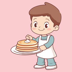 Cartoon boy holding a plate of pancakes Cartoon Vector Illustration