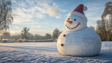 Obraz premium Giant snowman wearing a Santa hat in a serene snowy landscape under a bright winter sky
