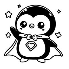 cute penguin superhero illustration for coloring books