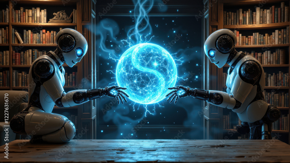 Poster two robots with human-like faces interacting with a glowing orb on a desk.