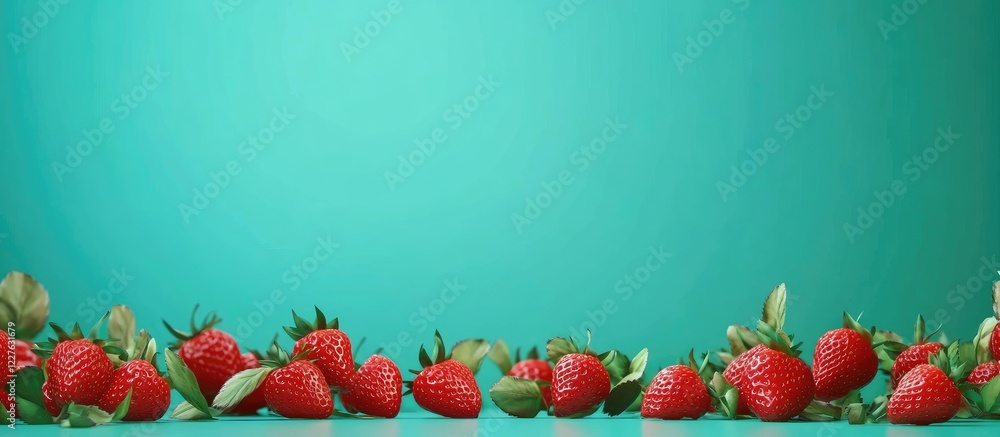 Poster vibrant red strawberries arranged on a turquoise background creating an ideal backdrop for text or a