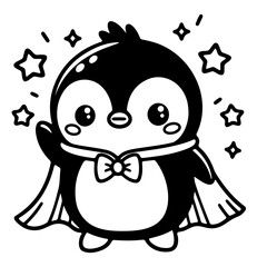 cute penguin wearing cape illustration for coloring books