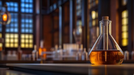 Glass flask with amber liquid in a vintage laboratory filled with scientific equipment and warm lighting