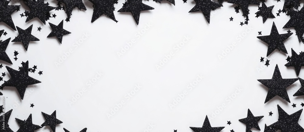 Poster starry frame design with dark stars on white background featuring ample empty space for text and sma