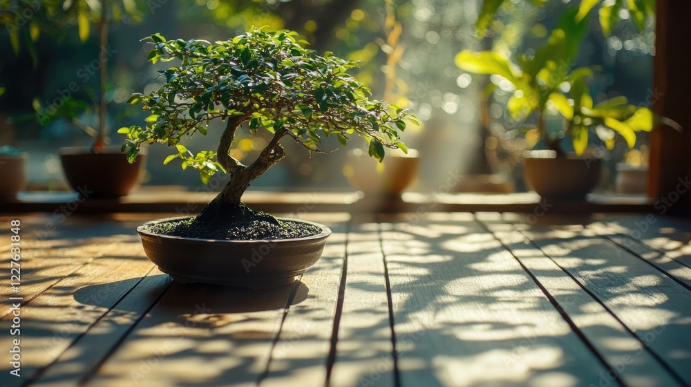 Poster bonsai tree on wooden deck illuminated by sunlight creating intricate shadows on the surface enhanci