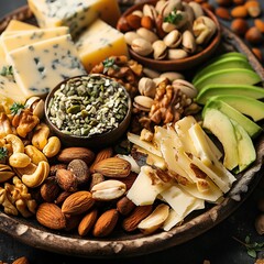 A delightful assortment of keto-friendly snacks showcases creamy cheese, crunchy nuts, and fresh avocado slices, ideal for satisfying cravings while maintaining a healthy lifestyle