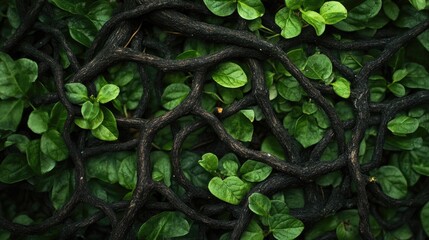 Naklejka premium Organic Network of Intertwined Roots and Leaves Illustrating Vulnerability in Ecological Systems Amid Environmental Threats