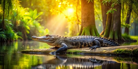 Alligator Resting on Fallen Log in Secluded Swamp - Candid Wildlife Photography