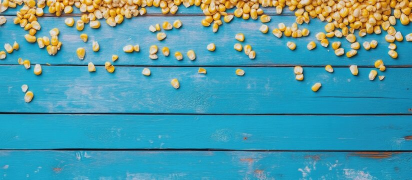 Fresh corn kernels scattered on a vibrant blue wooden surface with ample empty space for creative text or product placement ideas