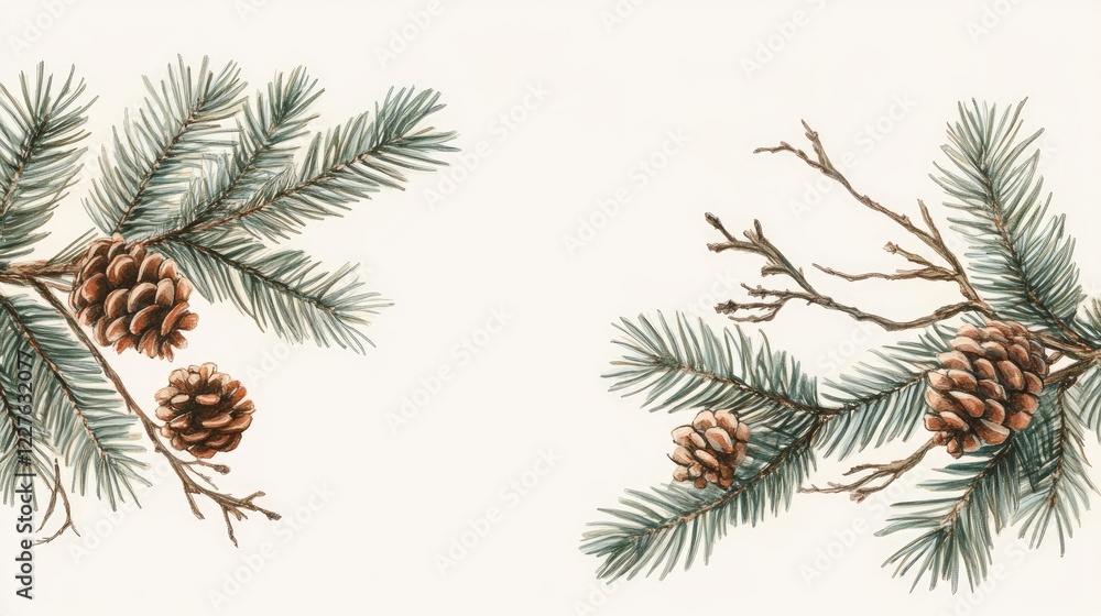 Poster horizontal decorative border of fir tree branches and pine cones on a light background ideal for sea