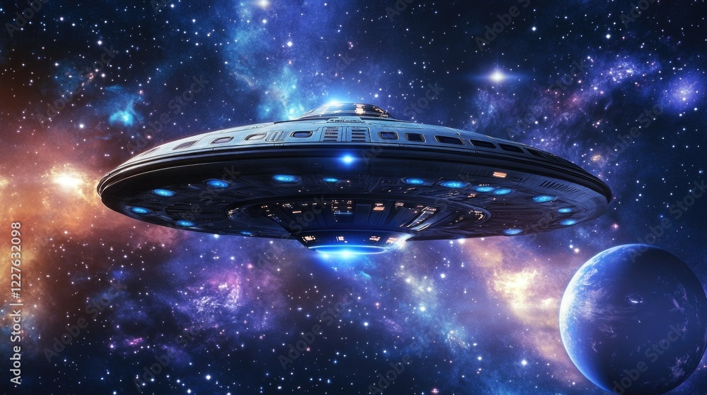 Poster futuristic spaceship navigating the cosmos amidst vibrant nebulae and distant planets in deep space 
