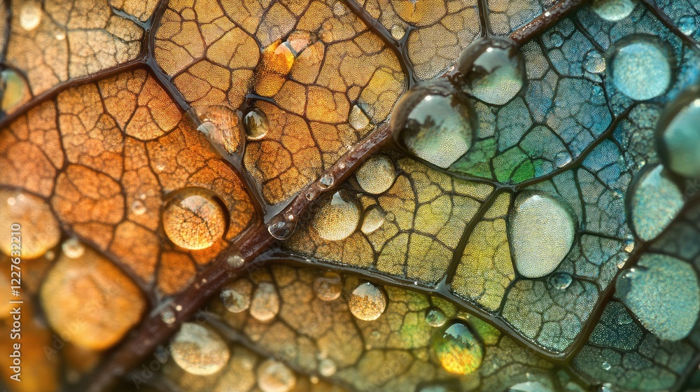 Poster macro shot of colorful water droplets on a leaf displaying intricate patterns and the beautiful inte