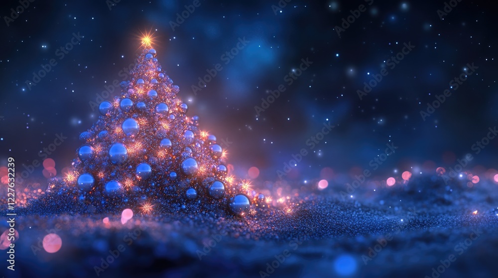 Aufkleber illuminated christmas tree adorned with round ornaments set against a dark blue bokeh background cre