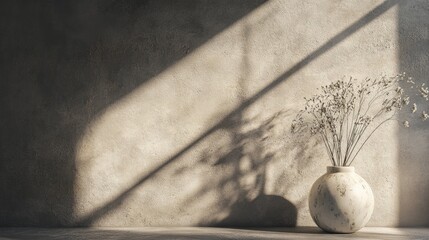 Serene minimalist still life with natural shadows and light on a textured wall highlighting simple floral arrangement in a vase